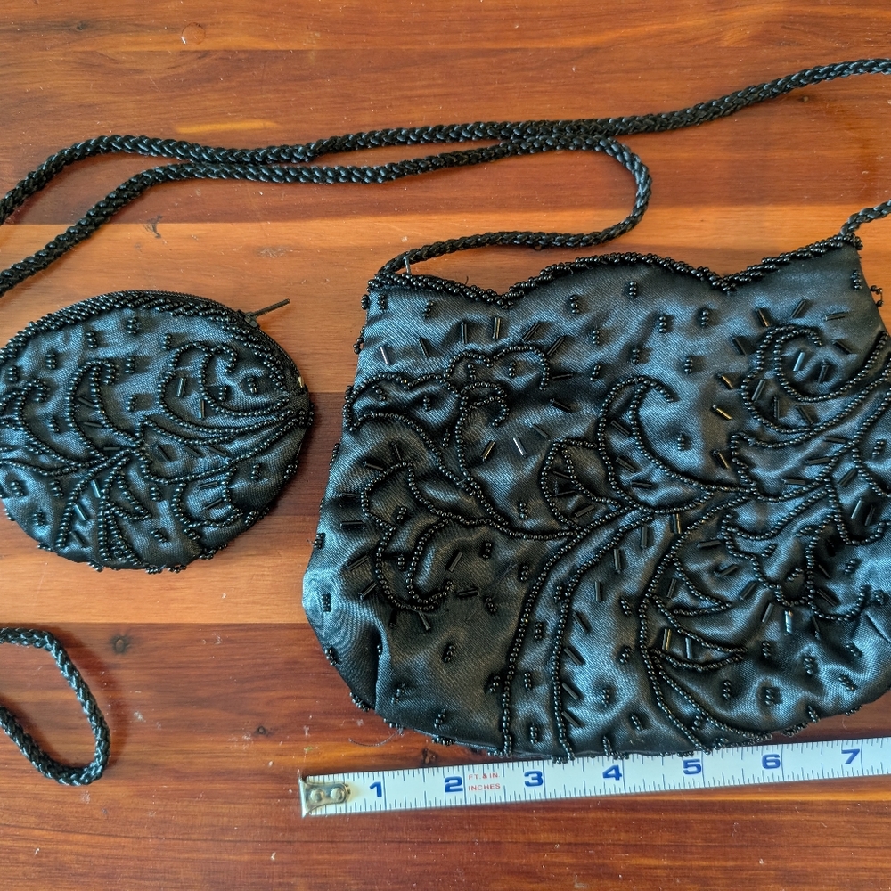 Elegant Vintage Black Beaded Purse And Matching Coin Pouch